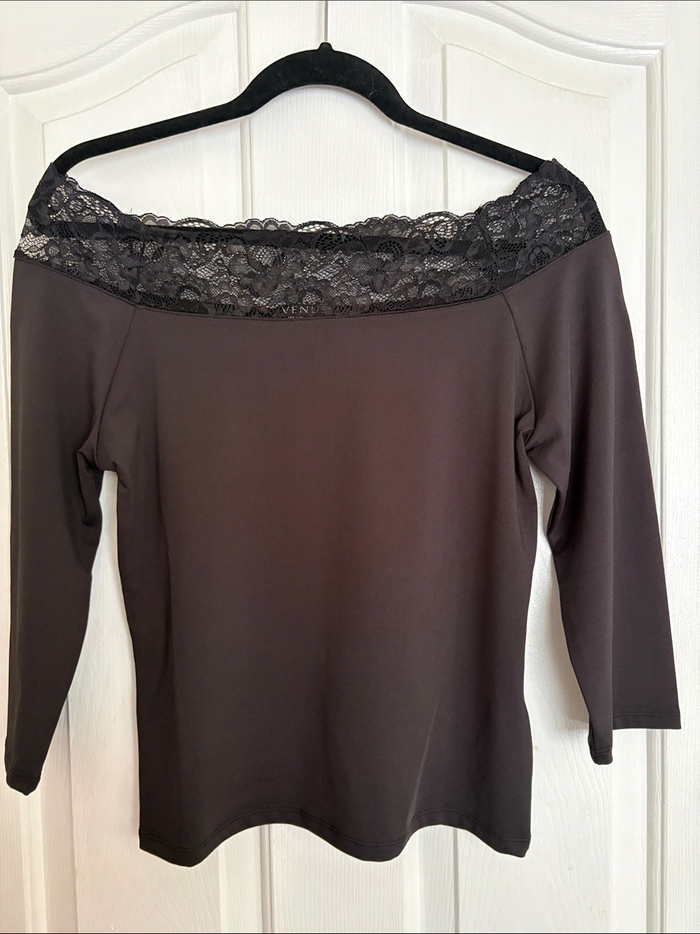 VENUS Black Lace Trim Off-Shoulder Top
